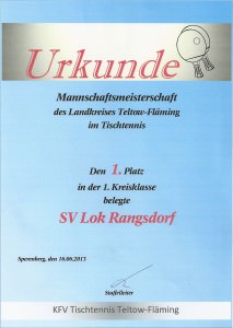 Urkunde 1. Platz Saison 2012/213